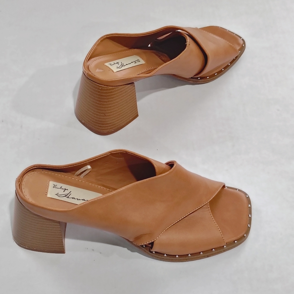 Vintage Havana Valarie Cognac Tan Block Heel Slide Sandals Size 9